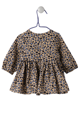 Long Sleeve Cotton Dress, Beige with Blue Leopard Print 7749 Miniband