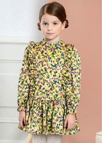 Girls Yellow Long Sleeve Dress with Green and Pink Print