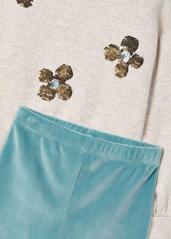 Set of 2 beige sweatshirt with sequin flowers and turquoise velor tights 4706 Mayoral