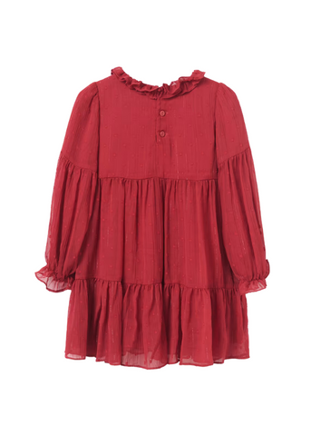 Long Sleeve Dress in Red Voile with Ruffles at the Collar