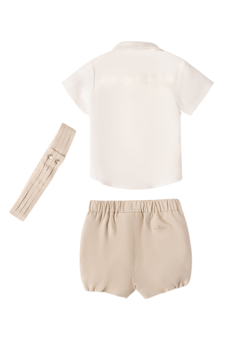 2 Piece Set, Cream Short Sleeve Shirt and Beige Linen Shorts with Viscose 8819 Miniband