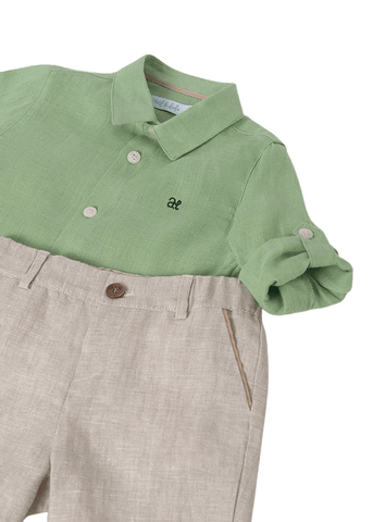 Linen 2 Piece Set, Green Shirt and Beige Shorts 5253 Abel & Lula