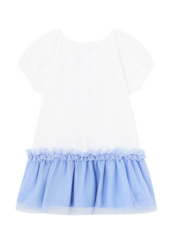 White Short Sleeve Dress with Blue Tulle Ruffle 1925 Mayoral