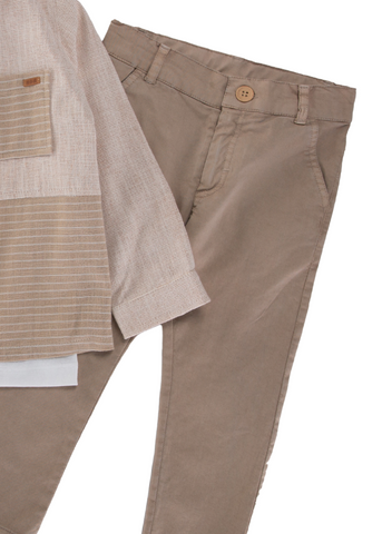 Set 3 Piese, Jacheta Bej cu Fermoar, Pantaloni Lungi Bej si Tricou M54130 Midimod Gold