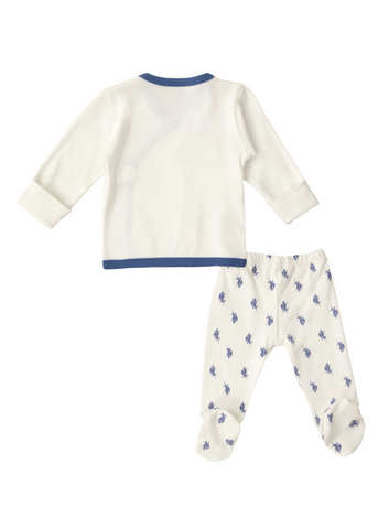 Newborn 5 Piece Set, Booties, Bib, Cream Blouse, Pants and Fes Logo Print Blue 1929 V1 Us Polo Assn