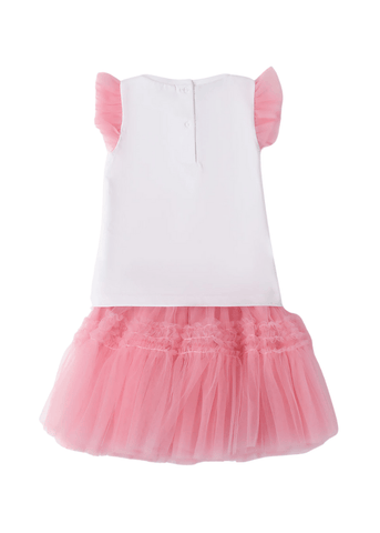 Set 2 Piese Top cu Maneca Scurta cu Fluture si Fusta din Tulle Roz 8238 Sarabanda