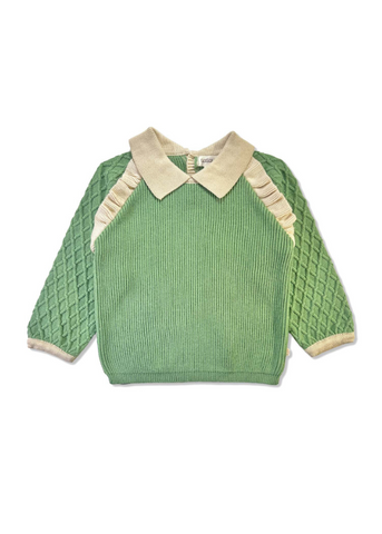 Cotton Sweater for Girls, Green with Collar and Beige Ruffles 21172 Patique