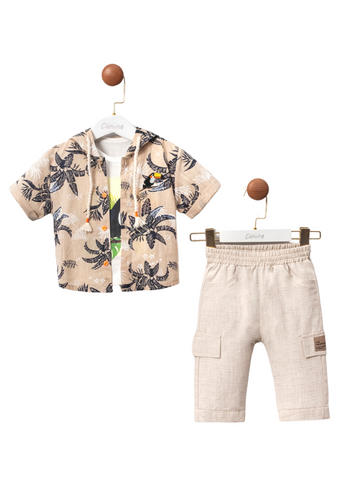 3 Piece Set, Beige Shirt with Hood and Short Sleeves, Top with Toucan Print and Long Cream Pants 3431 Mino Baby