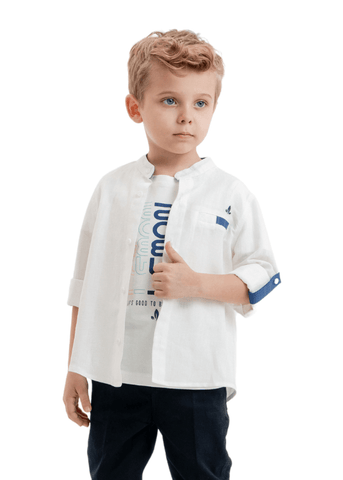 Set 3 Piese, Camasa din In Alba, Pantaloni Bleumarin si Tricou 10024 Lemon