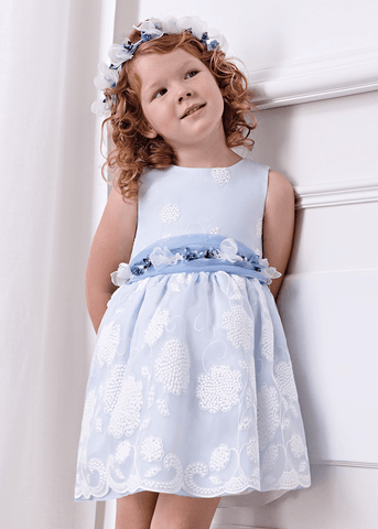 Blue Sleeveless Dress in Embroidered Organza and Cord Waist 5031 Abel & Lula