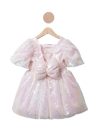 Біла урочиста сукня з голографічними рожевими паєтками з короткими рукавами 3360 Mino Baby
