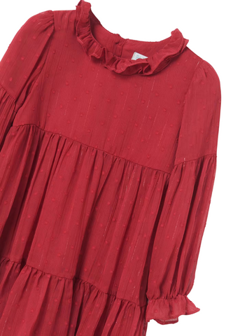 Long Sleeve Dress in Red Voile with Ruffles at the Collar