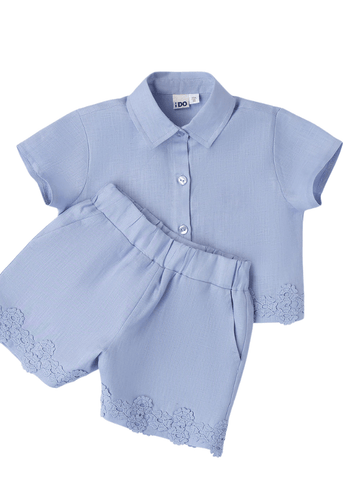 Set of 2 Linen, Shirt and Shorts with Embroidery and Blue Lace 8721 iDO