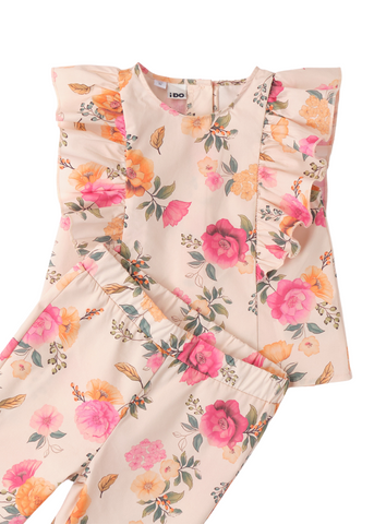 2 Piece Set, Short Sleeve T-Shirt and Long Pants Powder Pink with Orange Flower Print 8285 iDO