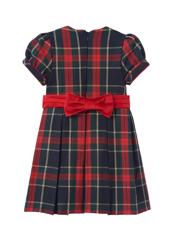 Navy Blue/Red/Green Plaid Short Sleeve Dress with Cord and Bow