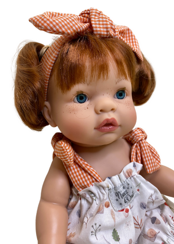 Red Joy Doll with Short White Overalls with Orange and Headband, 37 cm 1052 Nines