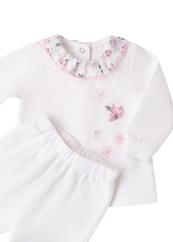 2 Piece Set, White Pants and Blouse with Collar and Flower Print for Girls 8702 Minibanda