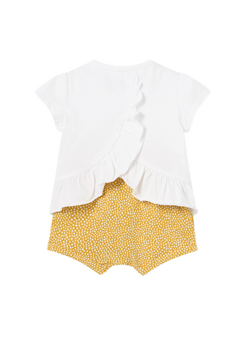 Set of 4 Pieces, 2 T-shirts and 2 Pairs of Shorts, White with Yellow and Chicken Print 1612 Mayoral