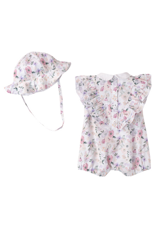 White Short Jumpsuit with Flower Print and Hat 8715 Minibanda