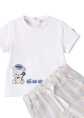 Set 2 Piese, Tricou Alb si Pantaloni Scurti din In Bleu cu Dungi pentru Baietei 8674 Minibanda