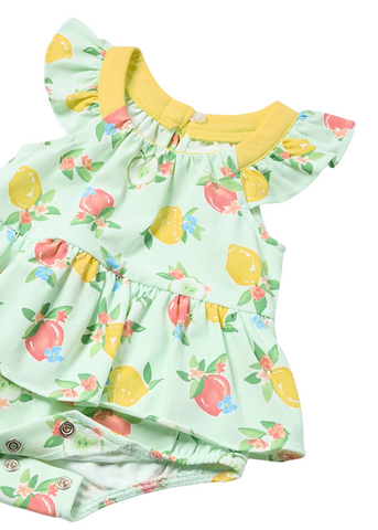 Short Body Type Jumpsuit, Green with Fruit Print and Headband 1632 Mayoral
