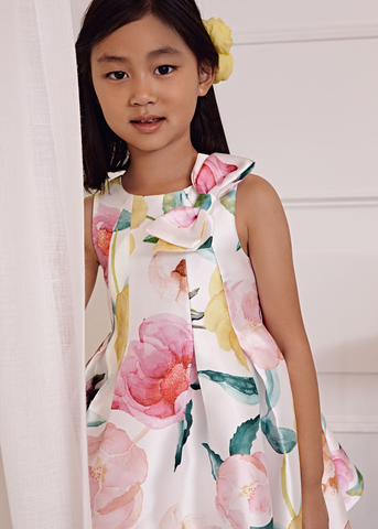 White Mikado Dress with Large Flower Print 5058 Abel & Lula