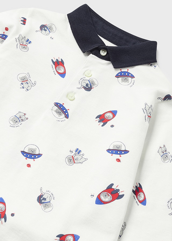 Ivory Polo Shirt with Long Sleeves and Navy Blue Collar Rocket Print Boy 2169 Mayoral