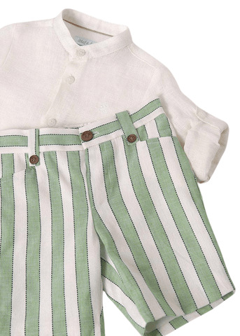 Set of 2 Linen Pieces, White Shirt and Green Striped Shorts 5254 Abel & Lula