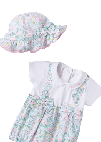 Set of Short White Overalls with Pink and Green Flower Print with Hat 8712 Minibanda