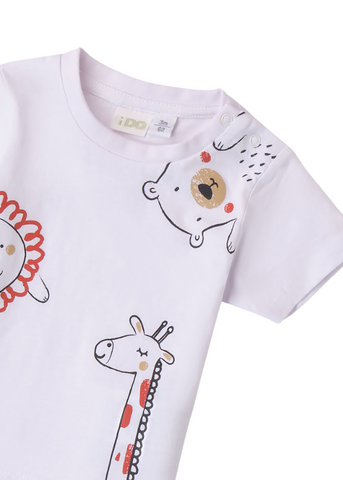 White Short-Sleeve T-Shirt with Lion and Giraffe Print 8613 iDO