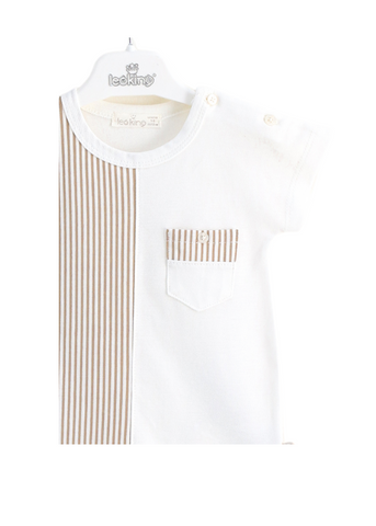 Short White Cotton Jumpsuit with Beige Stripes 12608 Leo King