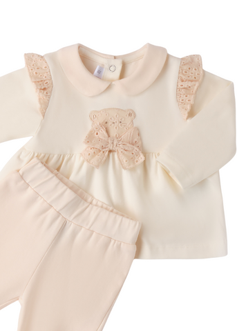 2 Piece Set, Beige Blouse with Bear and Salmon Pants for Girls 8703 Miniband