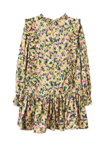 Girls Yellow Long Sleeve Dress with Green and Pink Print