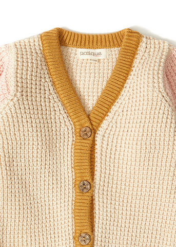 Knitted Cardigan for Girls, in Beige Tones with Pink Sleeves 21066 Patique