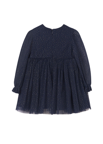 Dress with Sheer Sleeves in Navy Blue Tulle with Gold Dots