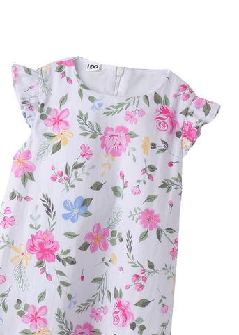 White Dress with Fuchsia Flower Print with Short Sleeve 8752 iDO