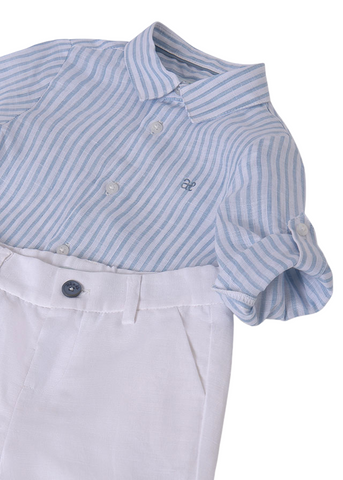 Set of 2 Linen Pieces, White Shirt with Blue Stripes and White Shorts 5252 Abel & Lula