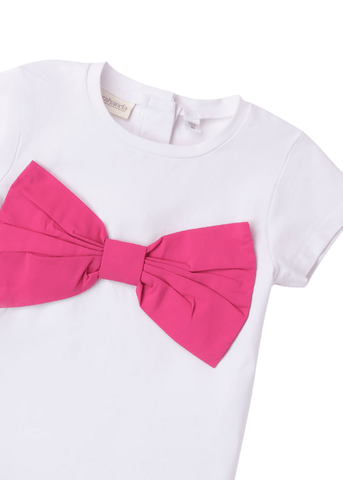 Short Sleeve White T-Shirt with Fuchsia Bow on Bust 8301 Sarabanda