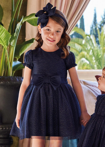 Navy Blue Tulle Dress with Bow and Golden Picks