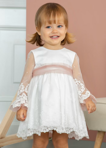 Girls Ivory Tulle Long Sleeve Dress with Embroidered Lace and Pink Cord