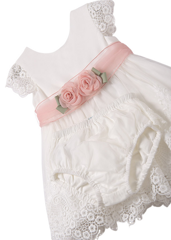 White Embroidered Tulle Dress with Pink Cord at Waist and Panty 5011 Abel & Lula