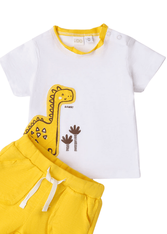 Set 2 Piese, Tricou Alb cu Girafa si Pantaloni Scurti Galbeni 8606 iDO