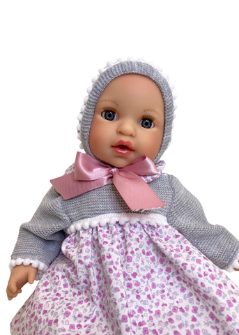 Baby Alex with Gray Dress with Purple Flowers and Gray Knitted Hat, 40 cm 1513 Nines
