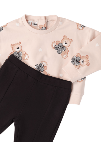 2 Piece Set, Pink Bear Print Blouse and Flared Black Pants 8288 iDO