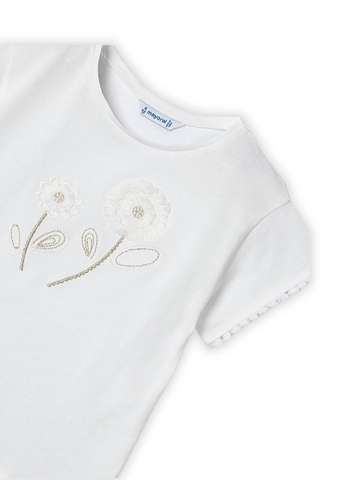 Ivory Short Sleeve T-shirt with Embroidery and Flower Print 3083 Mayoral