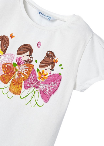 Ivory T-Shirt with Short Sleeves and Print for Girls with Orange and Pink Bows 3080 Mayoral