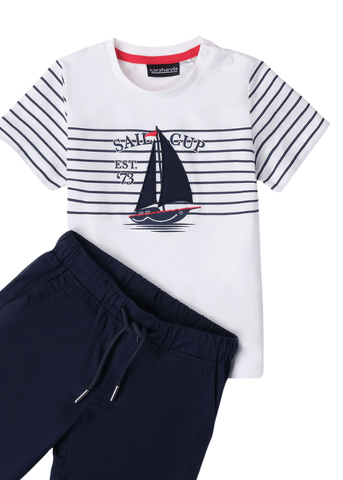 2 Piece Set, White T-Shirt with Boat Print and Navy Blue Shorts 8152 Sraabanda