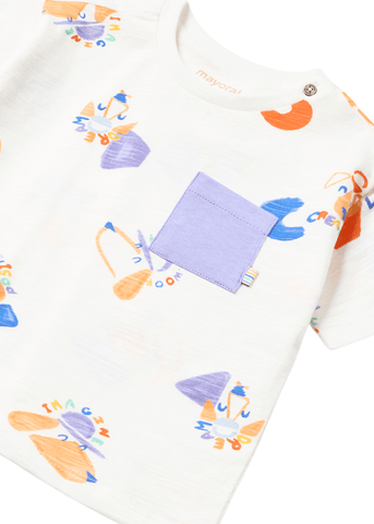 Cream T-shirt with Cat Print and Purple Pocket 1029 Mayoral