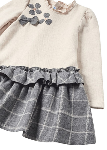 Elegant Beige Dress with Long Sleeves and Gray Plaid Ruffles 2980 Mayoral