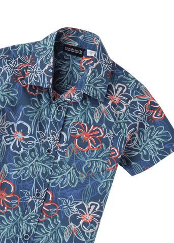 Navy Blue Shirt with Short Sleeves and Flower Print 8121 Sarabanda